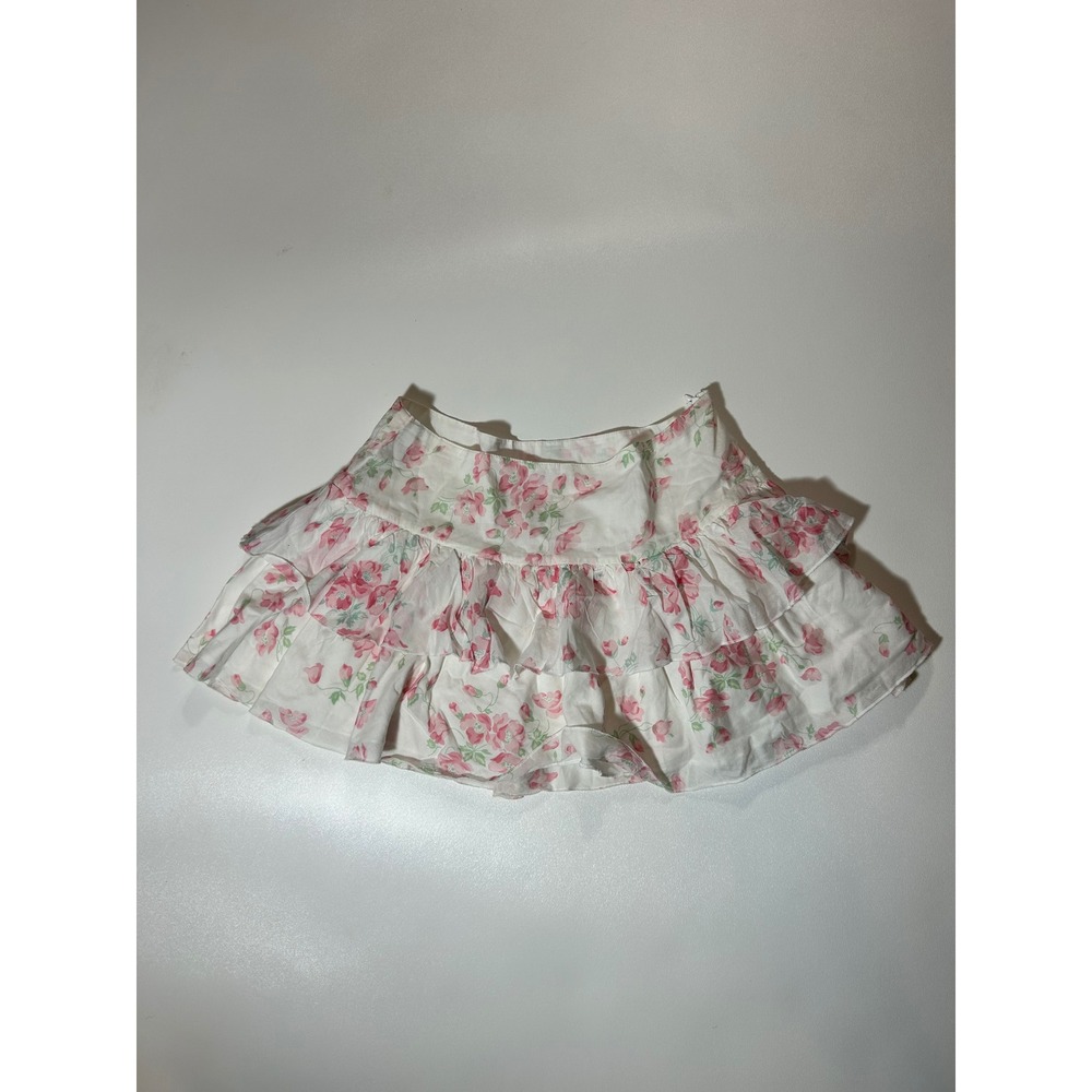 Aeropostale Ruffle Mini Skirt Girls 3/4 White Pink Floral Excellent Tiered